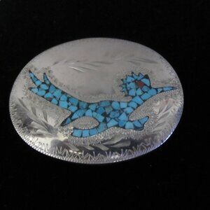 Nickle Silver Turquoise Inlaid with a Red Coral Eye Roadrunner Belt Buckle